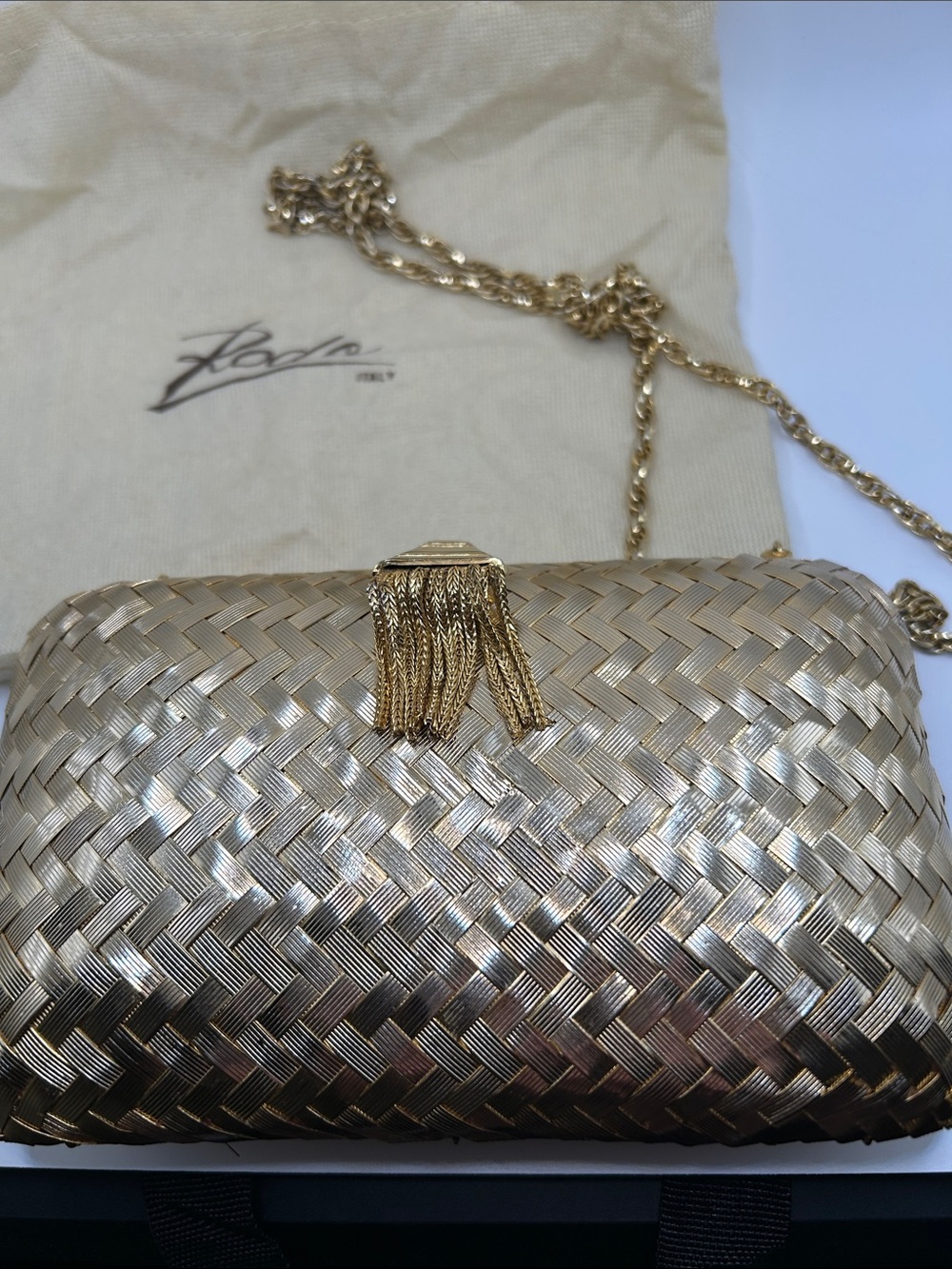 Rodo Metallic Gold Woven Shoulder Clutch with Chain Tassel